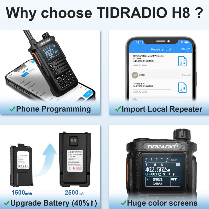 TIDRADIO-walkie-talkie Profesional H8, Radio de largo alcance a modo, NOAA VOX, aplicación para teléfono, inalámbrico programable, 10W
