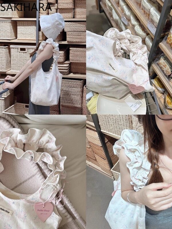 Floral Tote Bags for Women Ruffles Canvas Sweet Kawaii Casual All Match Office Lady Korean Solid Color Bolsas Para Mujeres