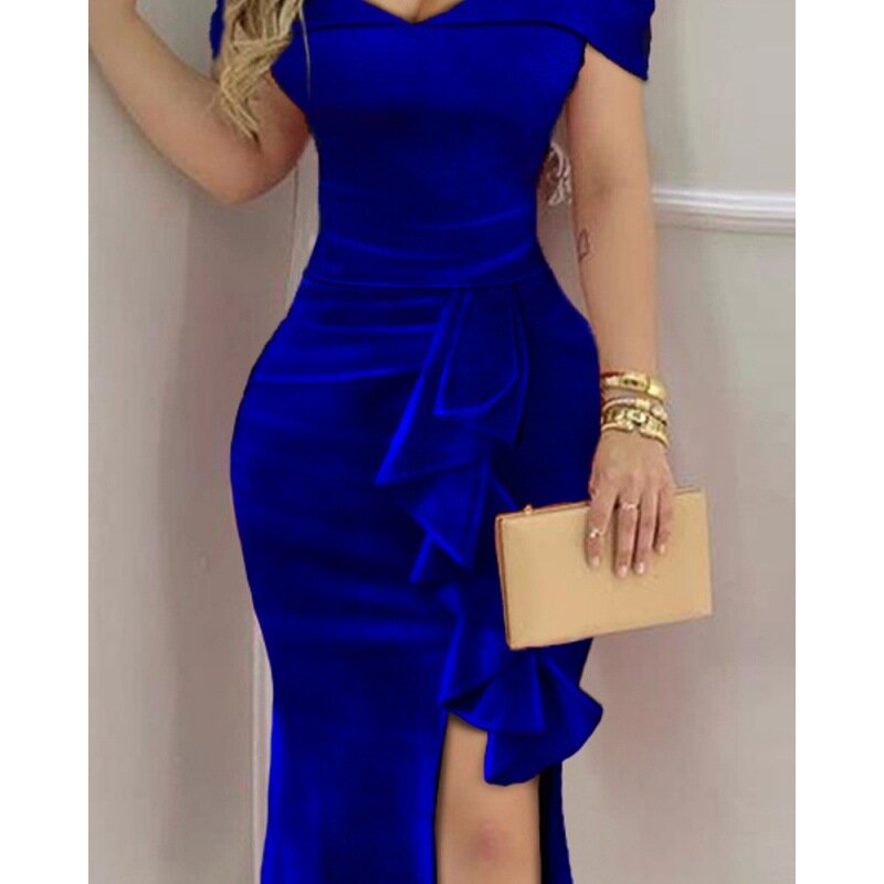 Синее велюровое официальное вечернее платье, женское платье без бретелек, сексуальное Макси платье из искусственной кожи с высоким разрезом и рюшами, женские сексуальные платья для выпускного вечера