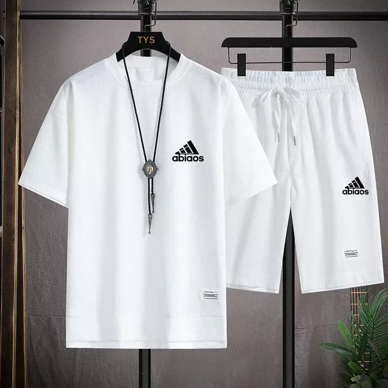 2024 Fashion Summer Men's short-sleeved casual T-shirt + Sports Shorts Breathable and comfortable Waffle two-piece jogging suit
