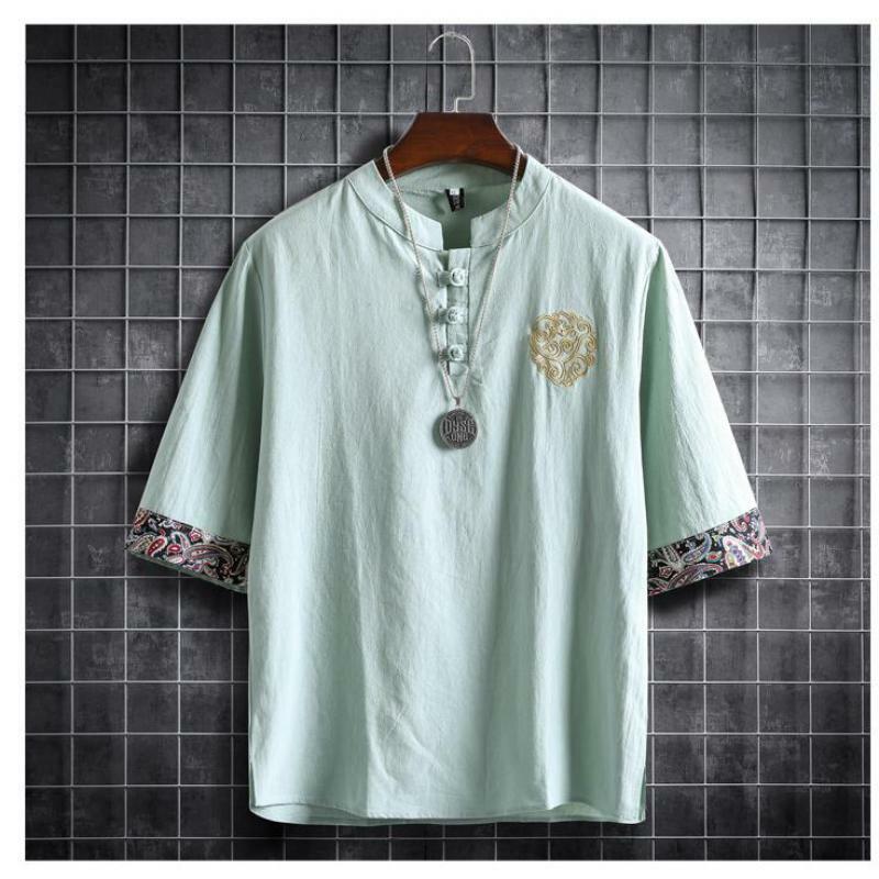 Blusa de manga curta tradicional chinesa para homens, camisa de Kung Fu vintage, roupas masculinas de verão, plus size, M para 5XL