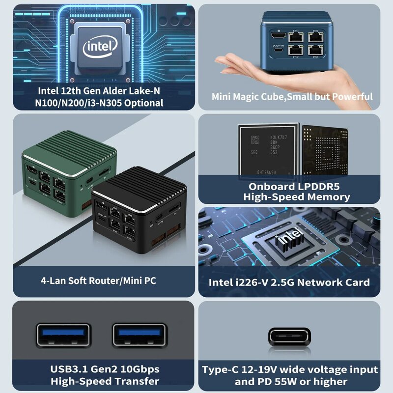 Внешний мини-ПК Mrroute, N100 DDR5 4C/4T, встроенный мини-компьютер 16 Гб LPDDR5 512 ГБ NVMe SSD,Micro PC 4K Dual Display,4 LAN,HTPC