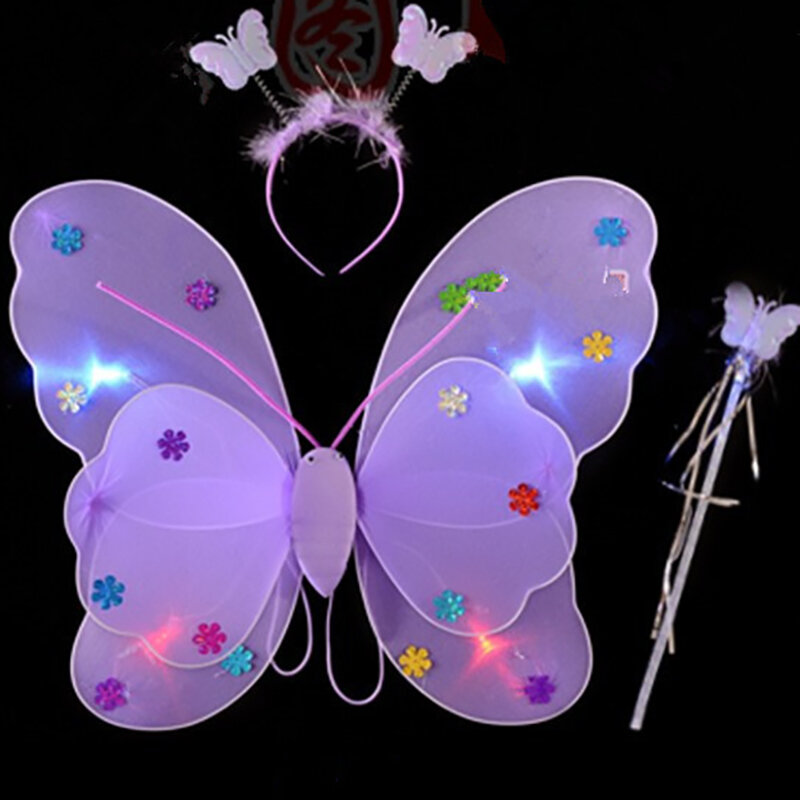 귀여운 어린이 의상 공연 소품, 빛나는 나비 공주 천사 날개 요정 스틱, 쓰리피스 소녀 드레스 장난감