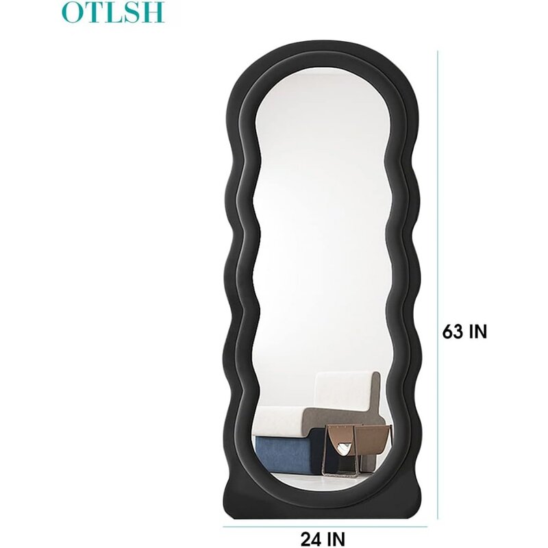 Wavy Floor Mirror, 63" x 24" Full Length with Stand Irregular Standing Mirror, Large Wall Freestanding Black Mirrors
