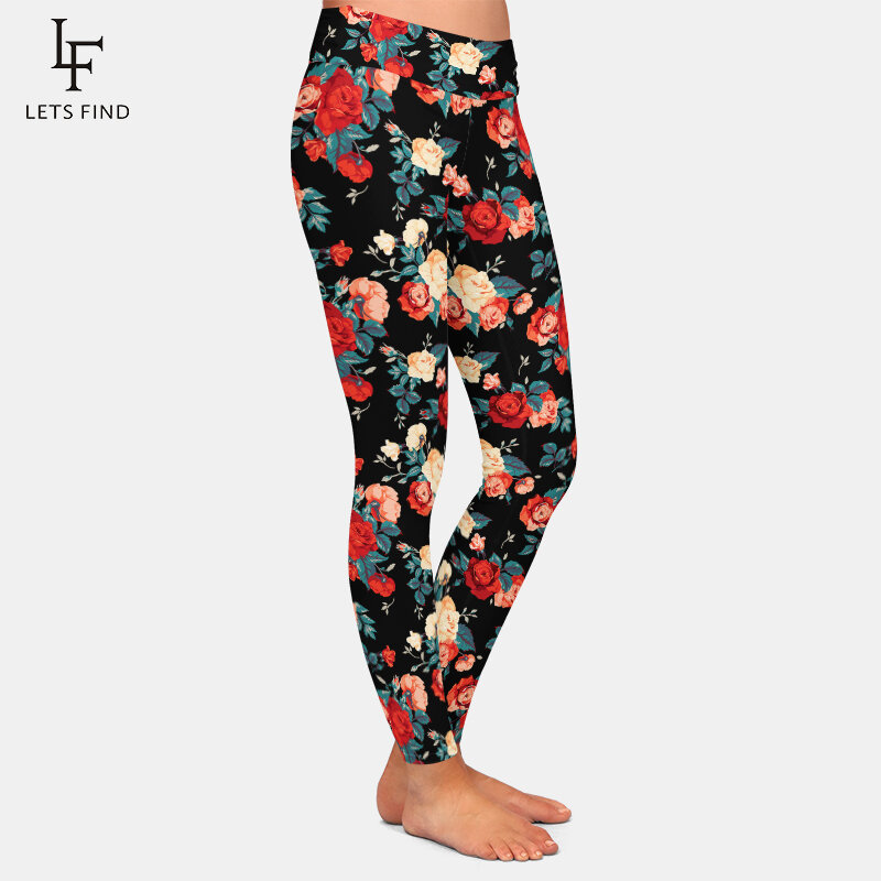 LETSFIND-Leggings con estampado de rosas para mujer, Leggings ajustados de cintura alta, de alta calidad, 2020
