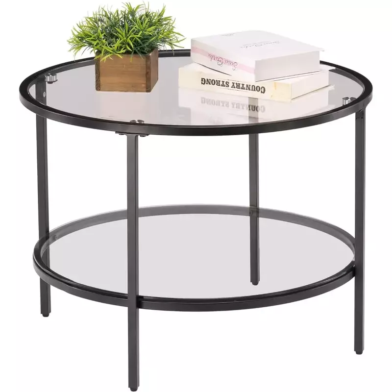 2-Tier Glass Top Coffee Table With Storage Clear Coffee Tables for Living Room Simple & Modern Center Table for Small Space Café