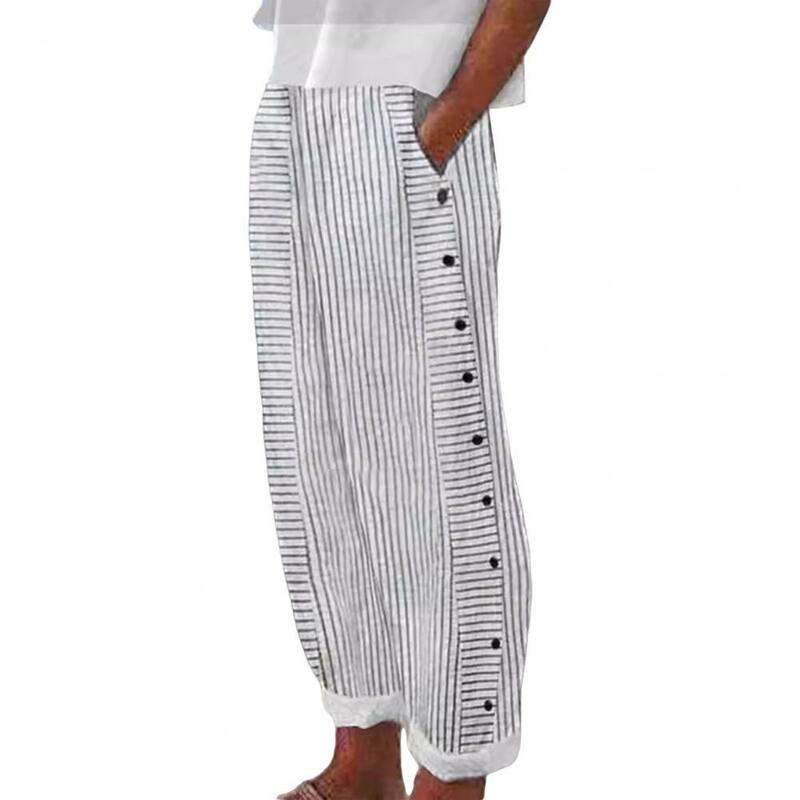 Women Pants with Striped Print Loose Overalls Women's Wide Leg Sweatpants with Stripe Print Elastic Waist Side Button