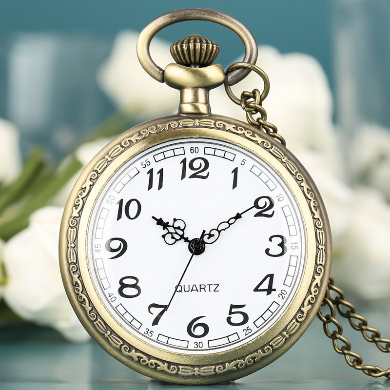 ساعة جيب كوارتز برونزية تناظرية ، أرقام عربية سوداء ، تصميم وجه مفتوح ، ساعة قلادة قلادة ، هدايا عتيقة أنيقة للرجال والنساء