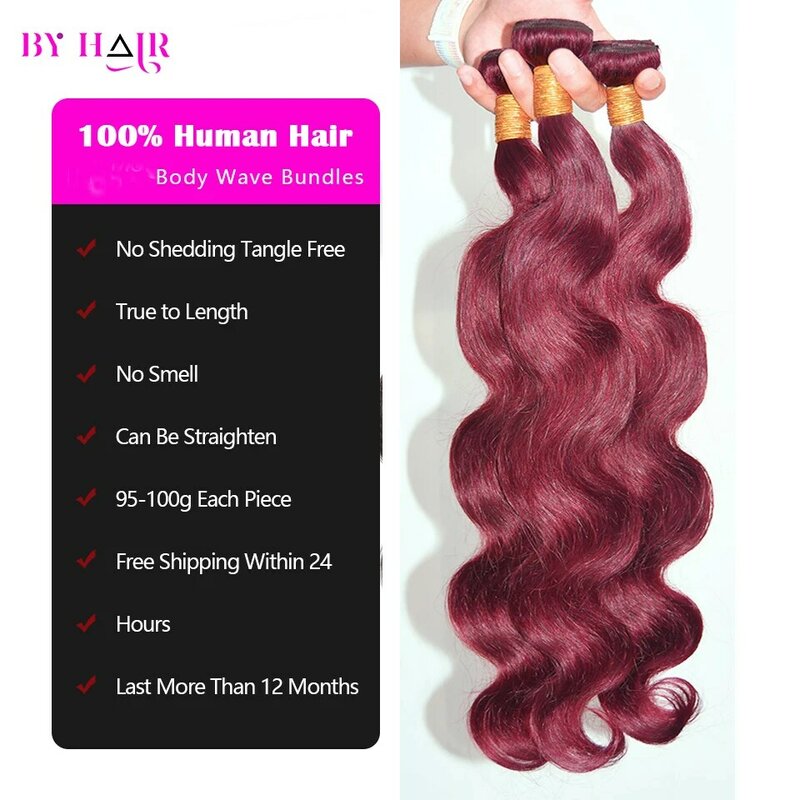 Burgundy 99J Body Wave Bundles 100% Human Hair Colored Brazilian Remy Hair Extensions Weave 1/3/4 PCS 26 Inch Raw Hair Bundles