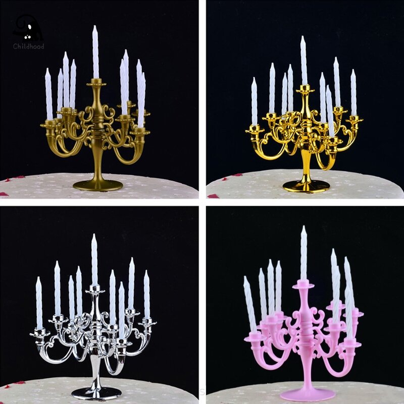1Set Dollhouse Miniature Candles and Candlestick Birthday Party Cake Candle Holders Toppers For Dollhouse Decoration