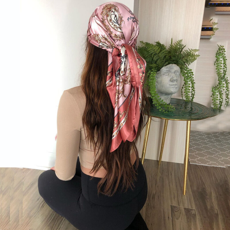 Lenço de cabeça de seda mulheres luxo moda cabelo scarve bonito foulard macio cetim xale lenço 90cm quadrado pescoço lenço bandana