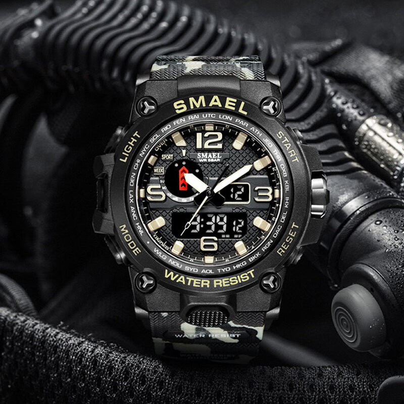 SMAEL 브랜드 남성 스포츠 시계 듀얼 디스플레이 아날로그 디지털 LED 전자 석영 손목 시계, 수영 군사 시계