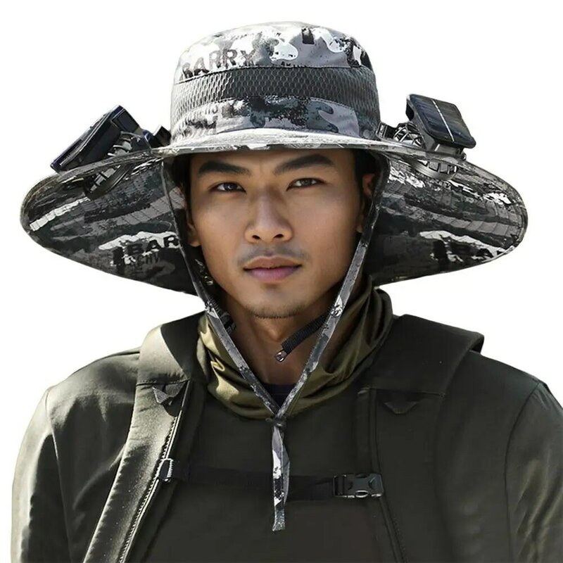 Уличная рыболовная шляпа с широкими полями на солнечной батарее, Солнцезащитная шляпа с вентилятором, хлопковые пот-ленты с сильным ветром для защиты лба от сухих элементов