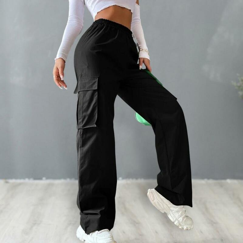 Lady Soft Pants Korean Streetwear Women's Cargo Pants with Elastic Waist Wide Leg Solid Color Joggers with Pockets for Casual