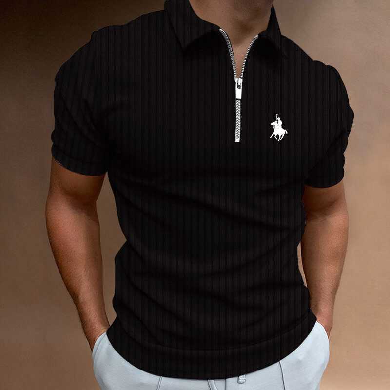 New Summer Trending Stripe Polo Shirt Men Casual Golf Shot Sleeve Zipper Polo Shirt .