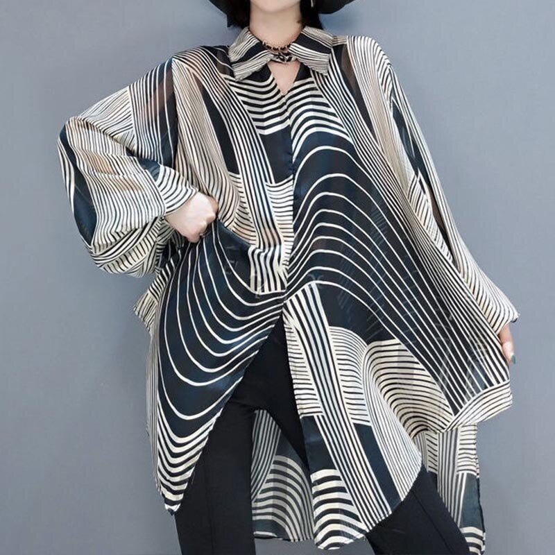 Oversized Striped Chiffon Summer Shirt Women Blouse 2023 Holiday Style Ladies Casual Sunscreen Loose Large Shirts 4XL Tops