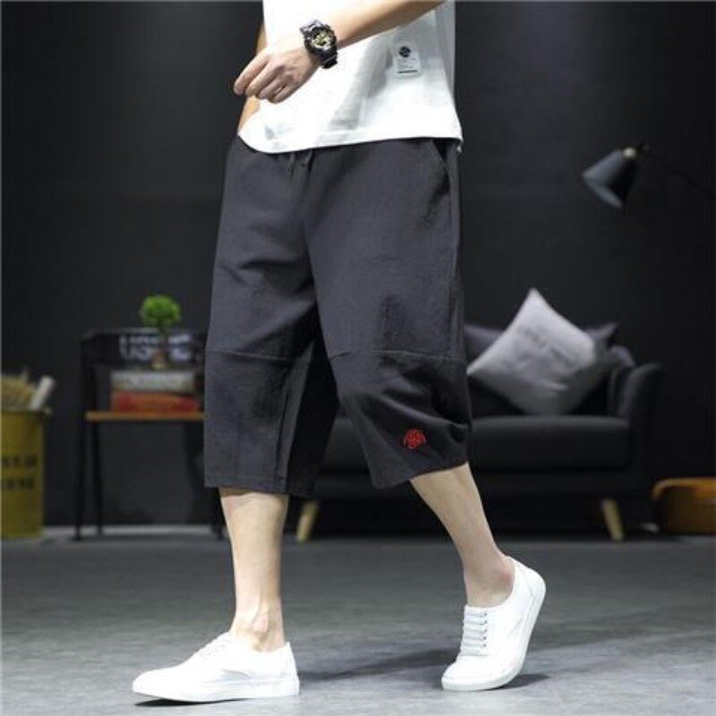 Trendy Summer Slim Striped Patchwork Men's Elastic Waist Pockets Drawstring Shorts Fashion Casual Loose Calf Length Pants