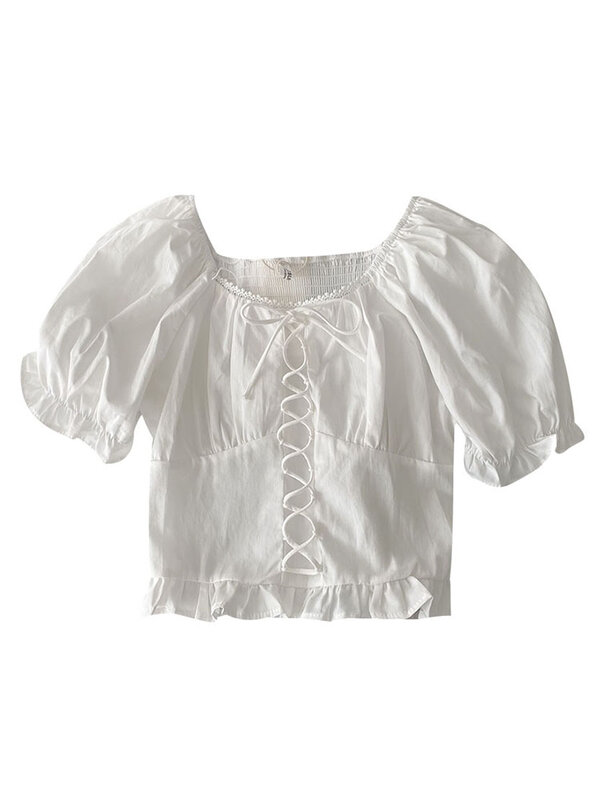 Tops de algodón de estilo francés para mujer, de Color sólido abombada Blusa de manga, camisa de vendaje con cuello cuadrado, novedad de verano 2023