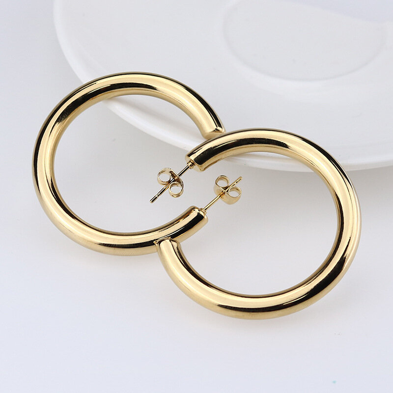 25/30/40/50mm oversize aço inoxidável círculo hoop brincos para as mulheres de ouro grandes brincos grossos moda jóias acessórios