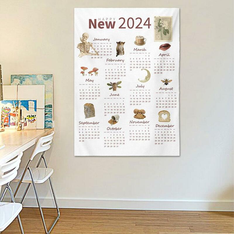 Calendario de pared de dibujos animados, tapiz lavable para decoración del hogar, Año Nuevo, 2024