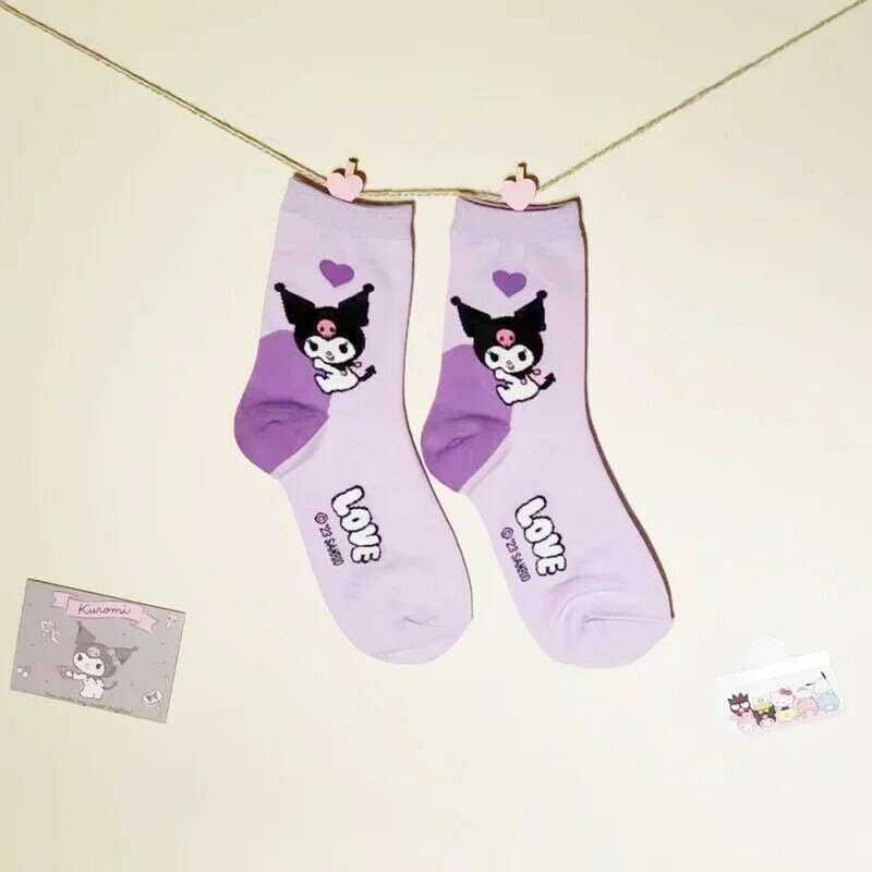 Sanrio-calcetines largos de algodón con dibujos animados para niña, medias de tubo medio, color morado y negro