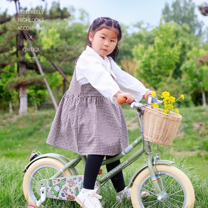 Biciclette per bambini retrò 14/16/pollici con ruota ausiliaria cestino per auto intrecciato bici da esterno per ragazzi e ragazze dai 4 ai 10 anni
