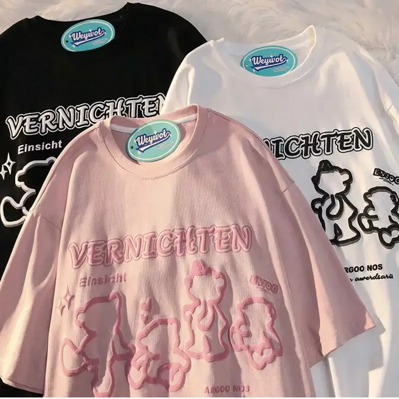 Camiseta de manga corta con estampado de oso de dibujos animados de algodón Ins para mujer, primavera y verano, nueva camiseta retro Y2K suelta para hombre y mujer