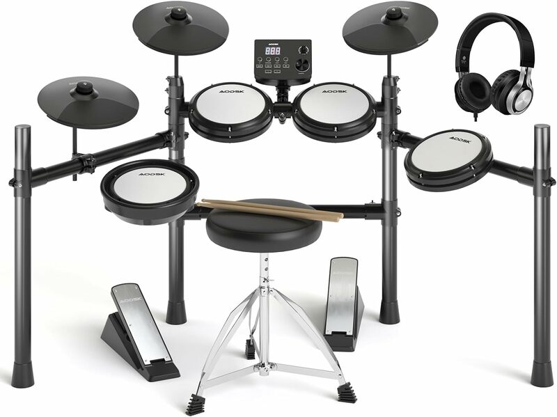 Set Drum elektrik dengan bantalan jaring sunyi, Drum elektronik untuk pemula, USB MIDI, takhta, headphone, tongkat, termasuk 15 kit dan