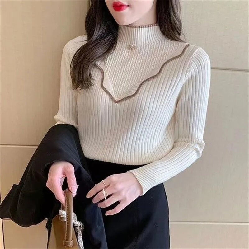 Sweater rajut bergaris wanita, Atasan pakaian rajut kasual polos lengan panjang leher tiruan Pullover perempuan musim gugur musim dingin 2023