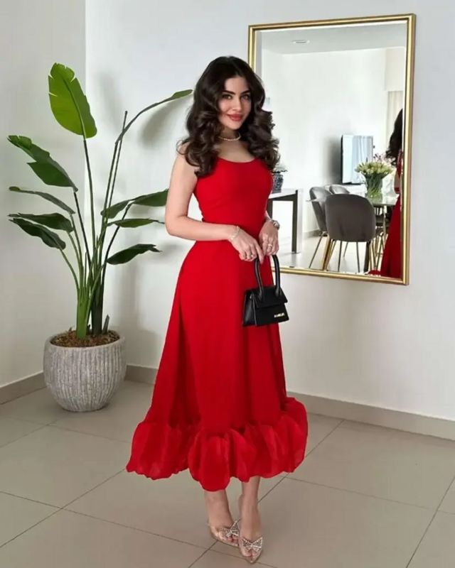 Women Prom Dresses A-Line Spaghetti Backless Ankle Length Evening Dresses Red Strapless Sleevelessفستان حفلات الزفاف