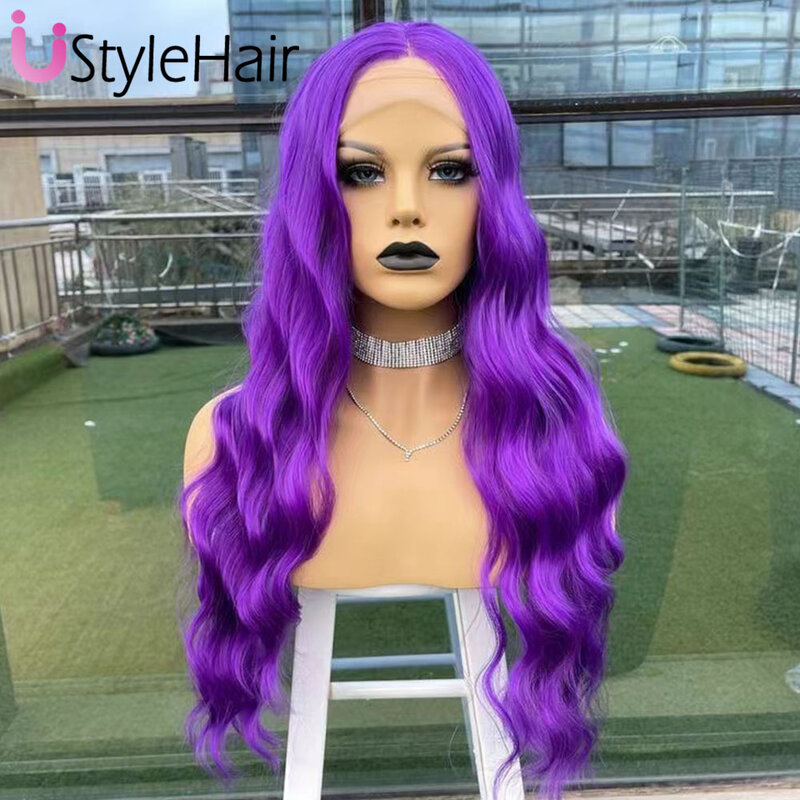 UStyleHair-Perruque Lace Front Wig synthétique sans colle, perruque ondulée naturelle violette, rose rouge, perruque de cosplay, ligne de cheveux naturelle, 03 utilisation