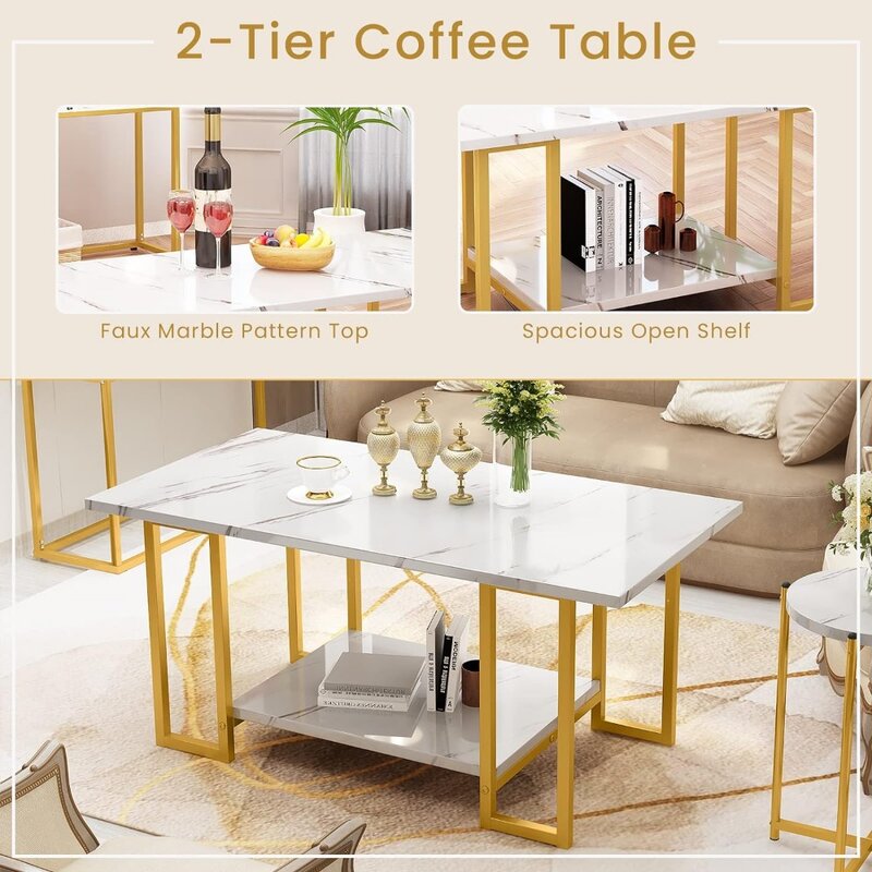 Meja kopi, Modern, Marmer imitasi, meja kopi dengan bingkai logam dan rak penyimpanan furnitur ruang tamu