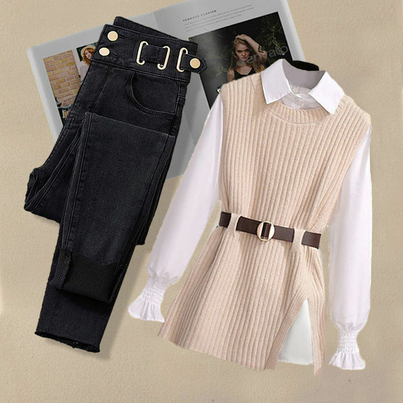 Большой осенне-зимний костюм для женщин, новинка 2024, корейская мода, вязаный жилет, рубашка, повседневные облегающие джинсы, комплект из трех предметов