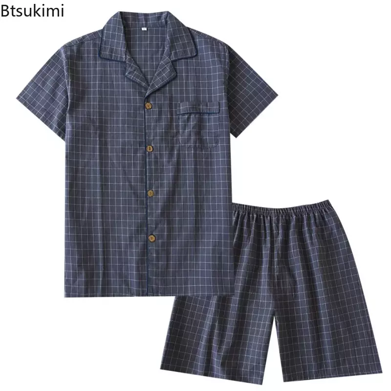 Новинка 2024, мужская летняя Пижама, шорты с коротким рукавом, домашняя одежда, 2 предмета, мягкая хлопковая простая японская Клетчатая Мужская одежда для сна