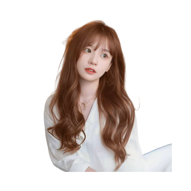 Wig rambut panjang coklat oranye wanita, rambut palsu panjang gaya Hong Kong manis lolita rambut keriting panjang halus alami air riak tutup kepala penuh