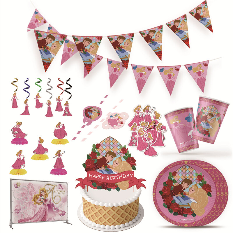 Disney Aurora Princess Sleeping Beauty suministros de fiesta de cumpleaños, decoración, globo de látex, telón de fondo, platos de papel, tazas, broche, juguetes para niños