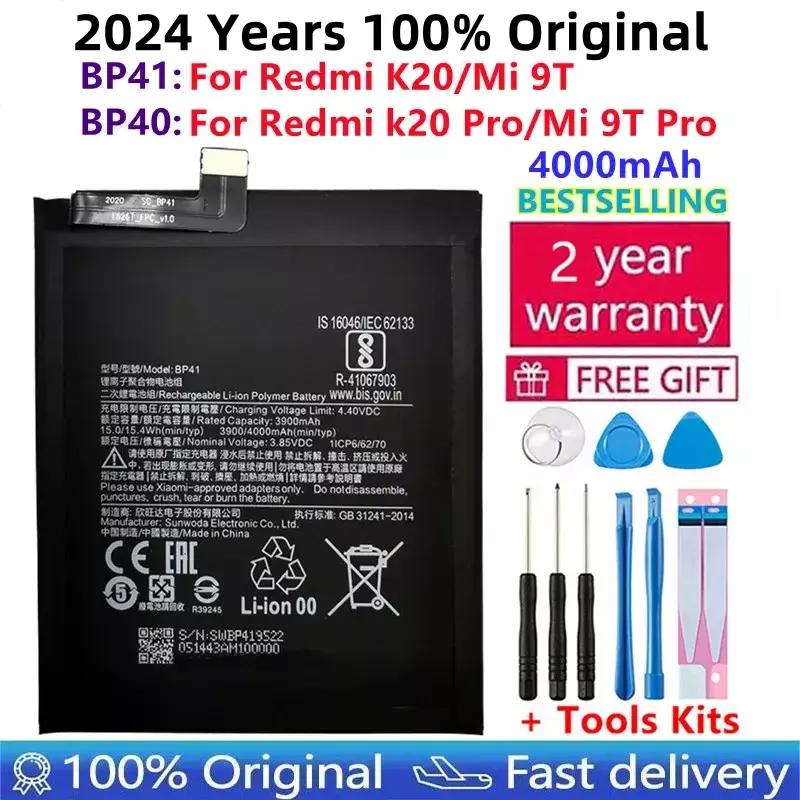 Bateria de substituição para Xiaomi Redmi, 100% Original, Bateria Genuína Premium, 4000mAh, K20 Pro, Mi 9T Pro, Mi9T, BP41, BP40