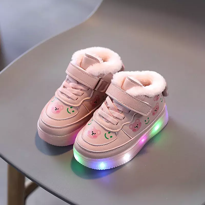 Zapatos de algodón para niños y niñas, zapatillas deportivas altas con iluminación Led, de felpa, antideslizantes, luminosas, informales, de invierno