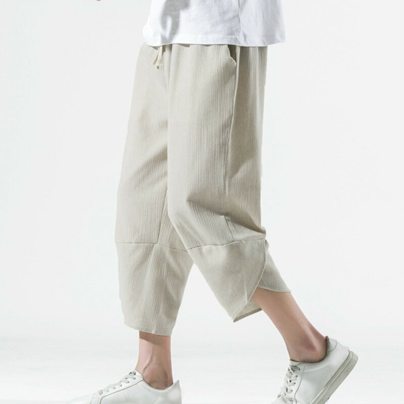 Celana Harem katun Linen pria, celana panjang pantai bersirkulasi udara kasual gaya China musim panas