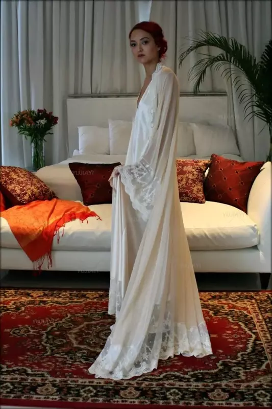 Шифоновый кружевной свадебный халат, нижнее белье с V-образным вырезом, свадебная шелковая атласная Свадебная Пижама для невесты, белая Пижама для выпускного вечера