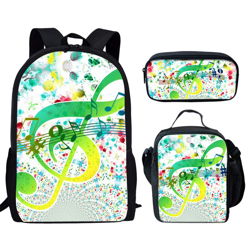 3Pcs/Set Boys Girls School Bag with Pencil Bag Luch Bag Musical Note Printed Children Teenager Student Daily Campus Backpack
