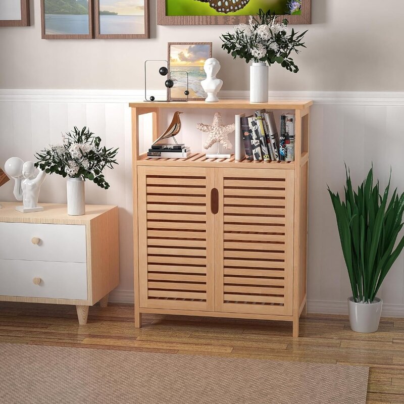 Bambusowy szafka do przechowywania, wolnostojący szafka łazienkowa z 2 żaluzjowymi drzwiami, szafka podłogowa Organizer do salonu, kuchnia
