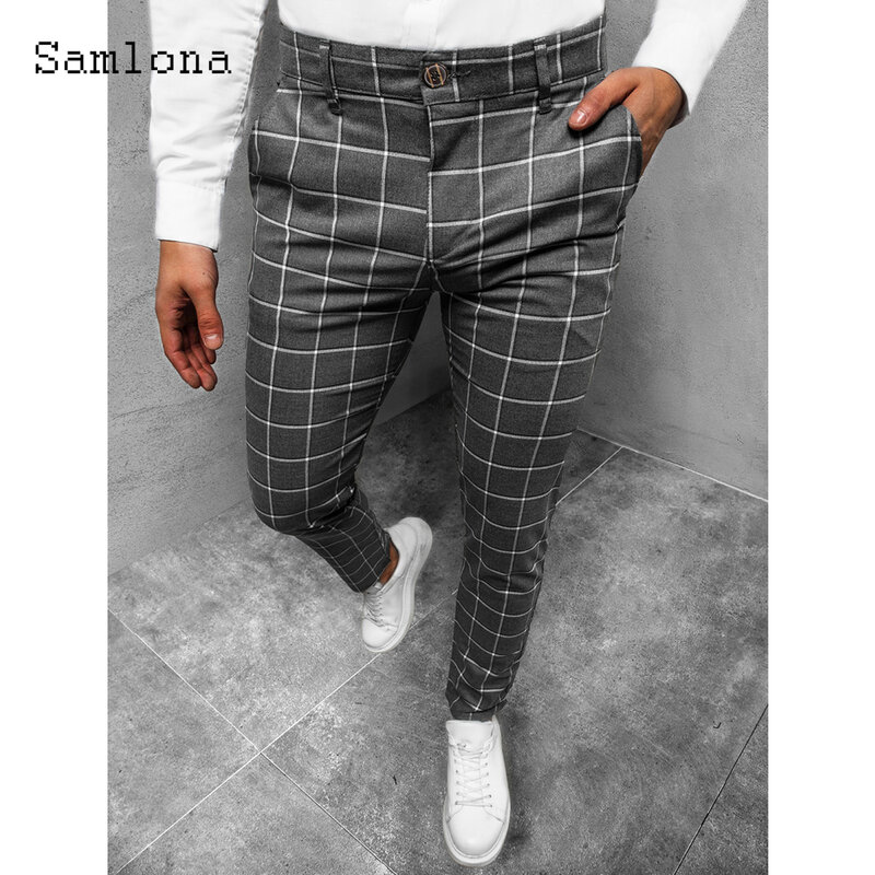 Samlona Plus Größe Mens Casual Hosen 2022 Europäischen Stil Elegante Hosen Männlichen Zipper Tasche Hosen Mode Business mann Plaid Hose
