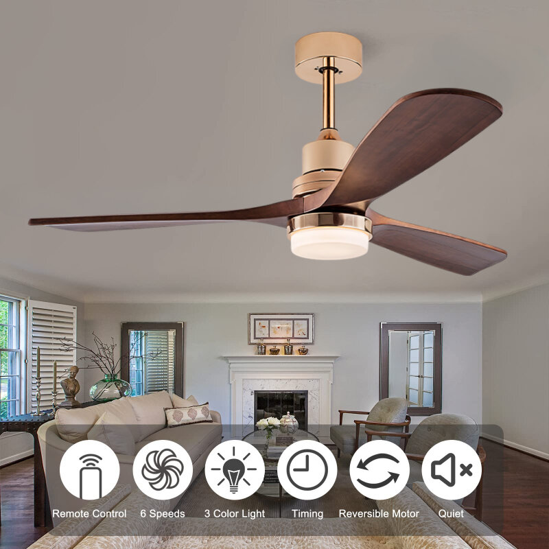 Modern Indoor Ceiling Fan with Light Remote Control Solid Wood Blades 6 Speed DC Motor Living Room LED Chandelier Fan