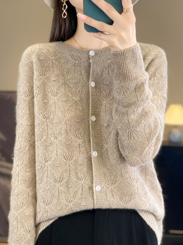 ADDONEE 100% Merino Wool Women's O-neck Cardigan Hollow Long Sleeve Twist Basic Sweater For Spring Autumn Soft Wool Knitwear Top
