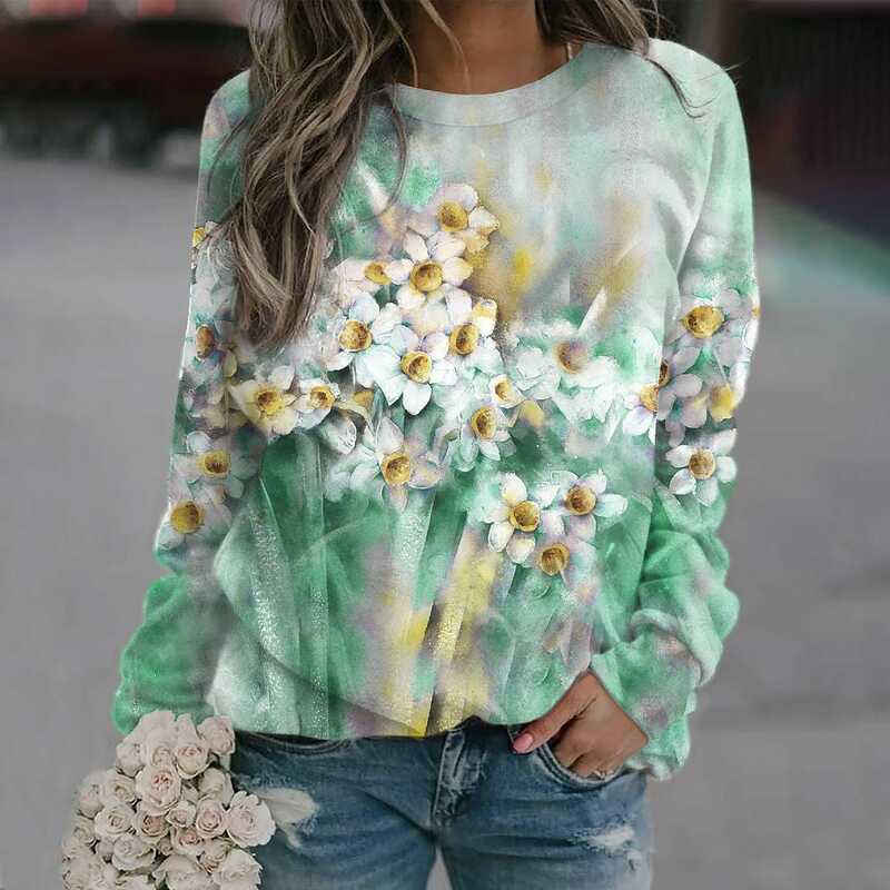 2022 Floral Print Sweater Autumn Winter Women Round Neck Loose Size Tee Fashionable Casual Long Sleeve Elegant Loose Pullover