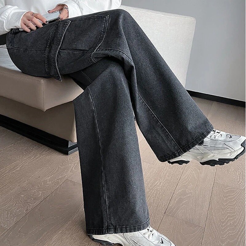 جينز نسائي عالي الخصر واسع الساق ، ملابس الشارع الكورية ، سروال جينز مستقيم ، بنطلون فضفاض ، بنطلون كارجو غير رسمي ، حجم كبير 6XL