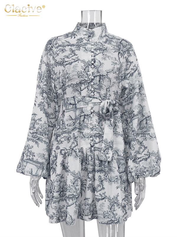 Clacive-vestido informal holgado para mujer, minivestido plisado con cuello levantado y manga abullonada, elegante, con cordones, 2023
