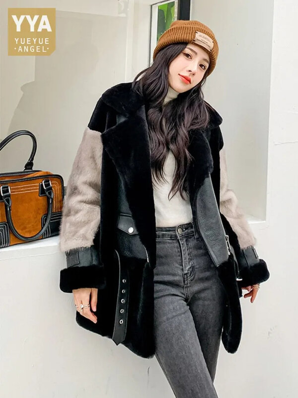 Fashion Women Winter Mink Fur Patchwork Wool Overcoat Loose Fit Warm Real Coat High Street Motorcycle Style Lambswool Jacket