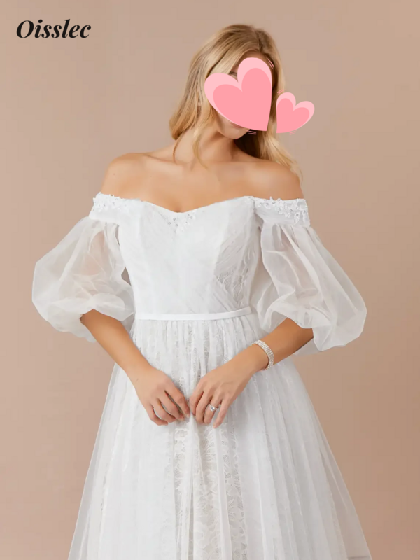 Oisslec Hochzeits kleid schulter freier Ausschnitt Brautjungfer kleid bedeckt Knopf Ballkleid Spitze Stickerei Abendkleid rücken frei